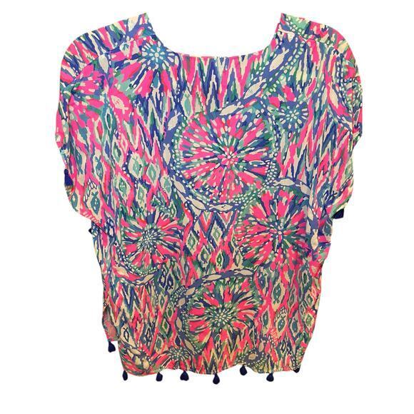 Lilly Pulitzer Women XS Top Tunic‎ Short Sleeve Sydney Caftan Pink Blue Tassels - Picture 11 of 16